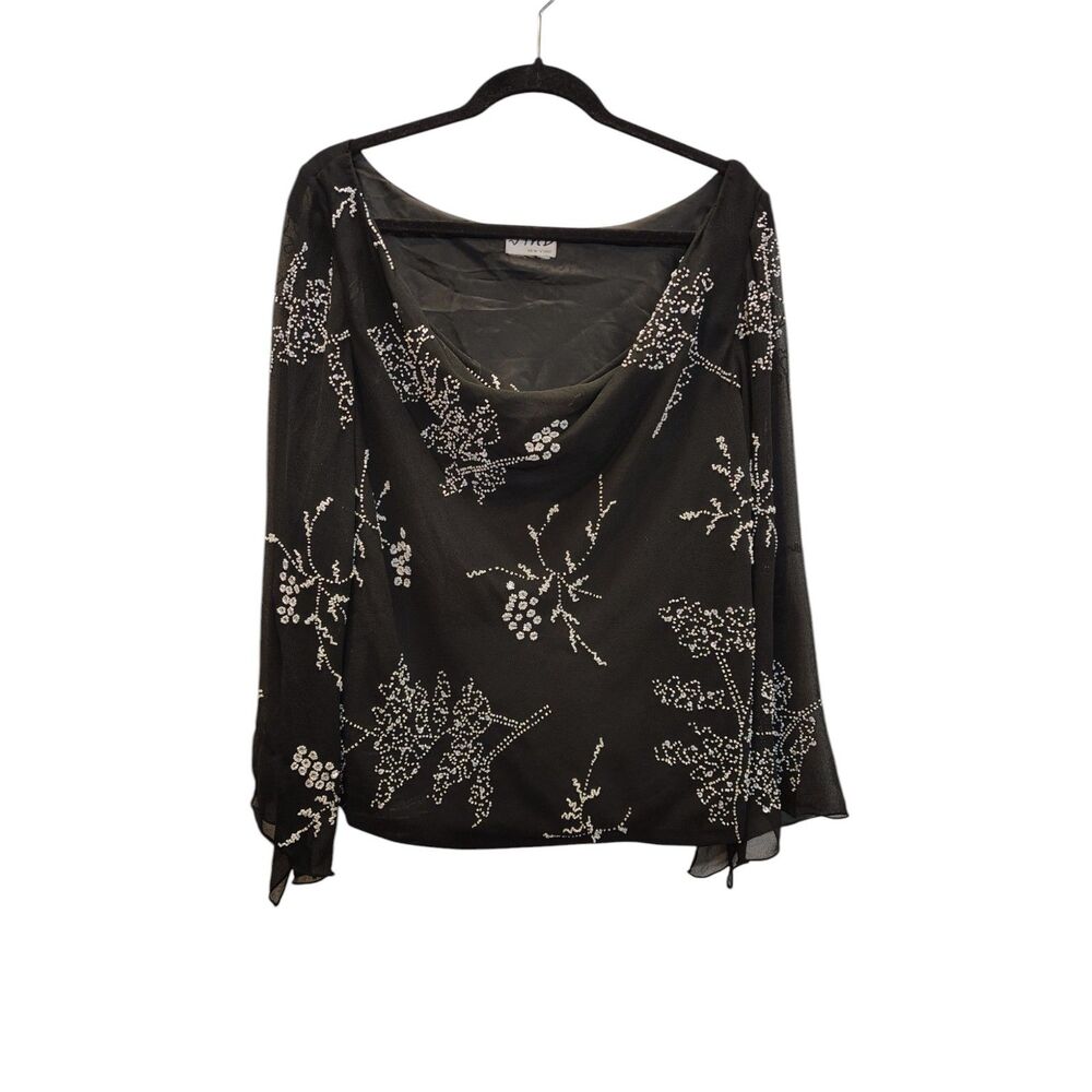 JMD New York Black and White Beaded Floral Sheer like flowy‎ blouse
